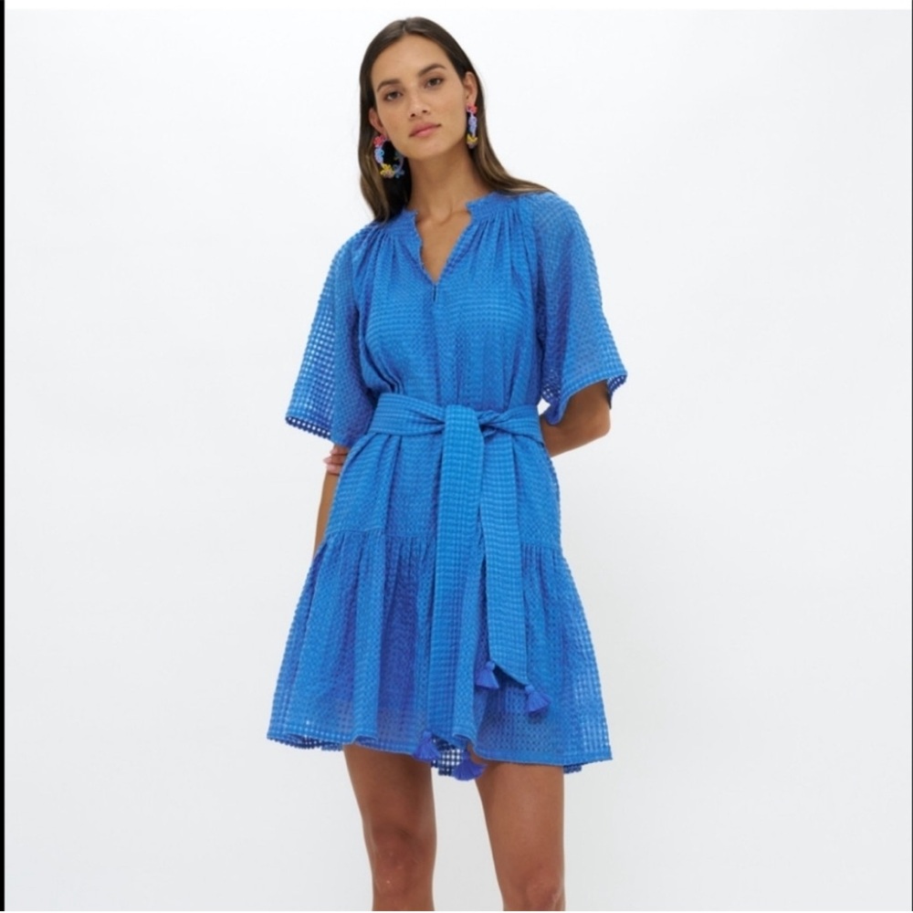 Oliphant Raglan Blue Textured Drop Waist Mini Dress with Tassel Belt MSRP $348